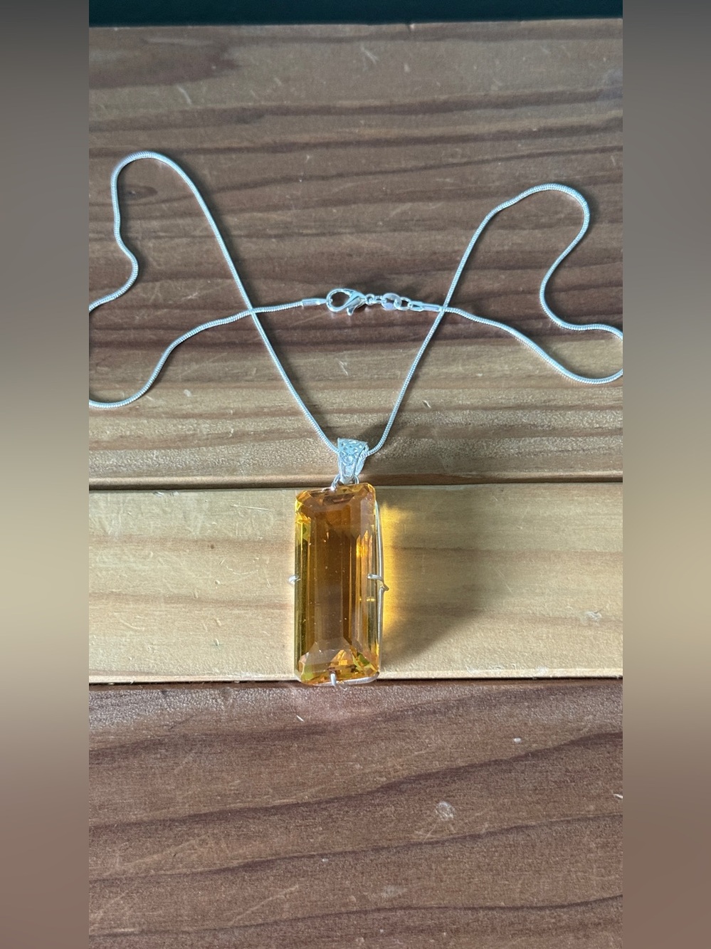 Large Citrine Pendant Necklace Emerald Cut Golden Yellow Stone 19” Chain